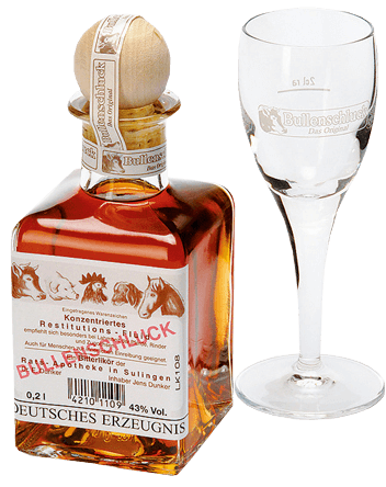 Glas und Flasche Bullenschluck